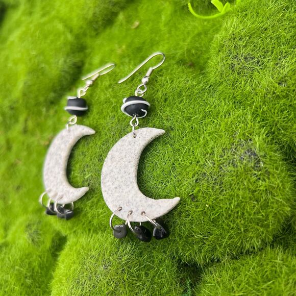 Crescent Moon Polymer Clay Hypoallergenic Silver Tone Handmade Dangle Earring - Picture 4 of 8